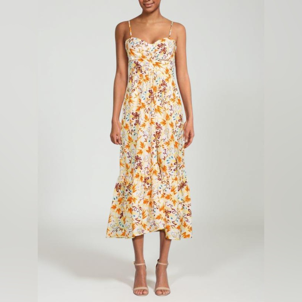 A.L.C. Floral Midi Dress in Cream with Yellow & Brown Accents